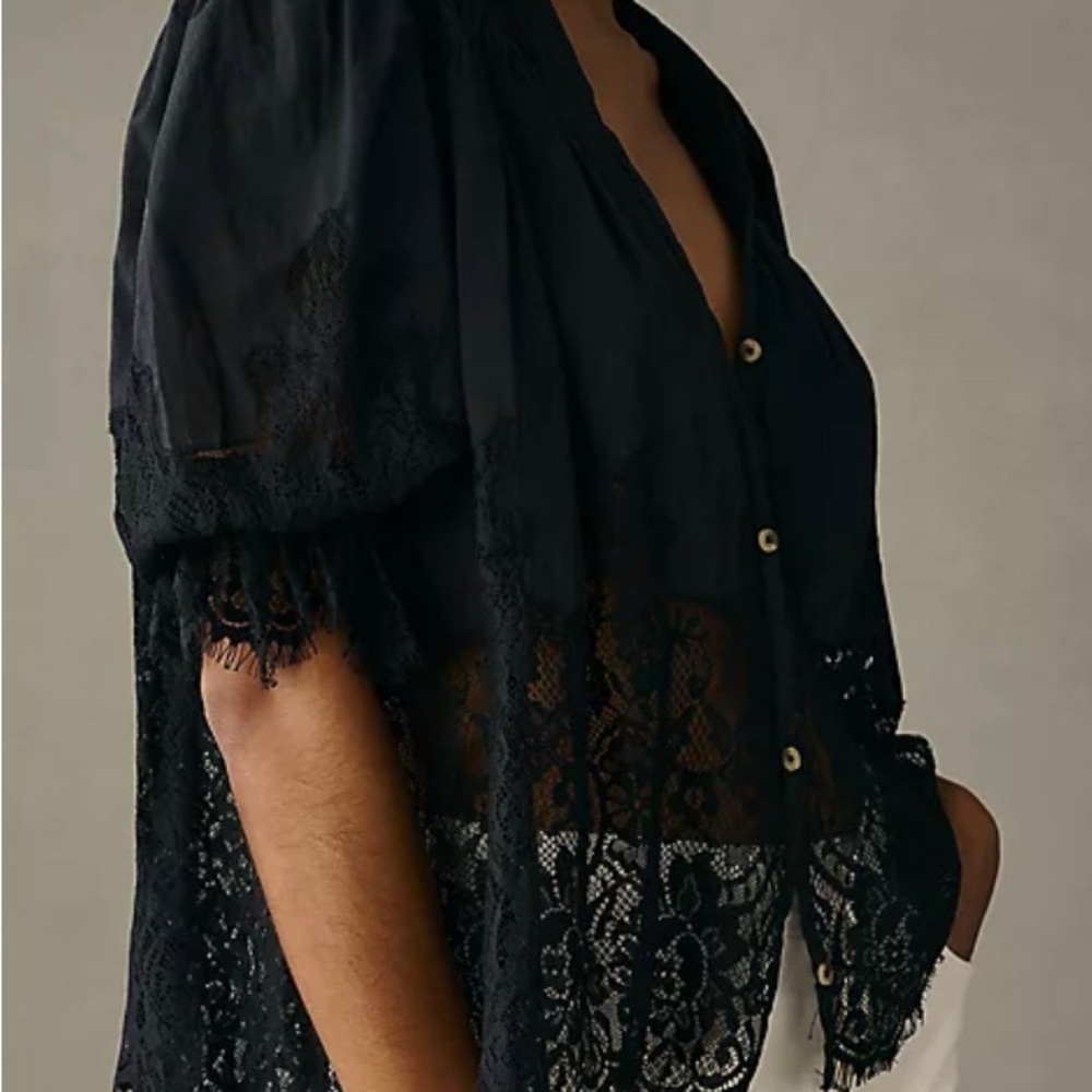 Anthropologie Victorian Black Lace Button-Up Blouse